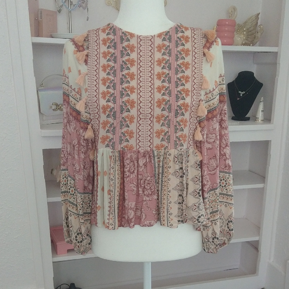 American Eagle Outfitters Floral Patchwork Blouse - Pink and Cream